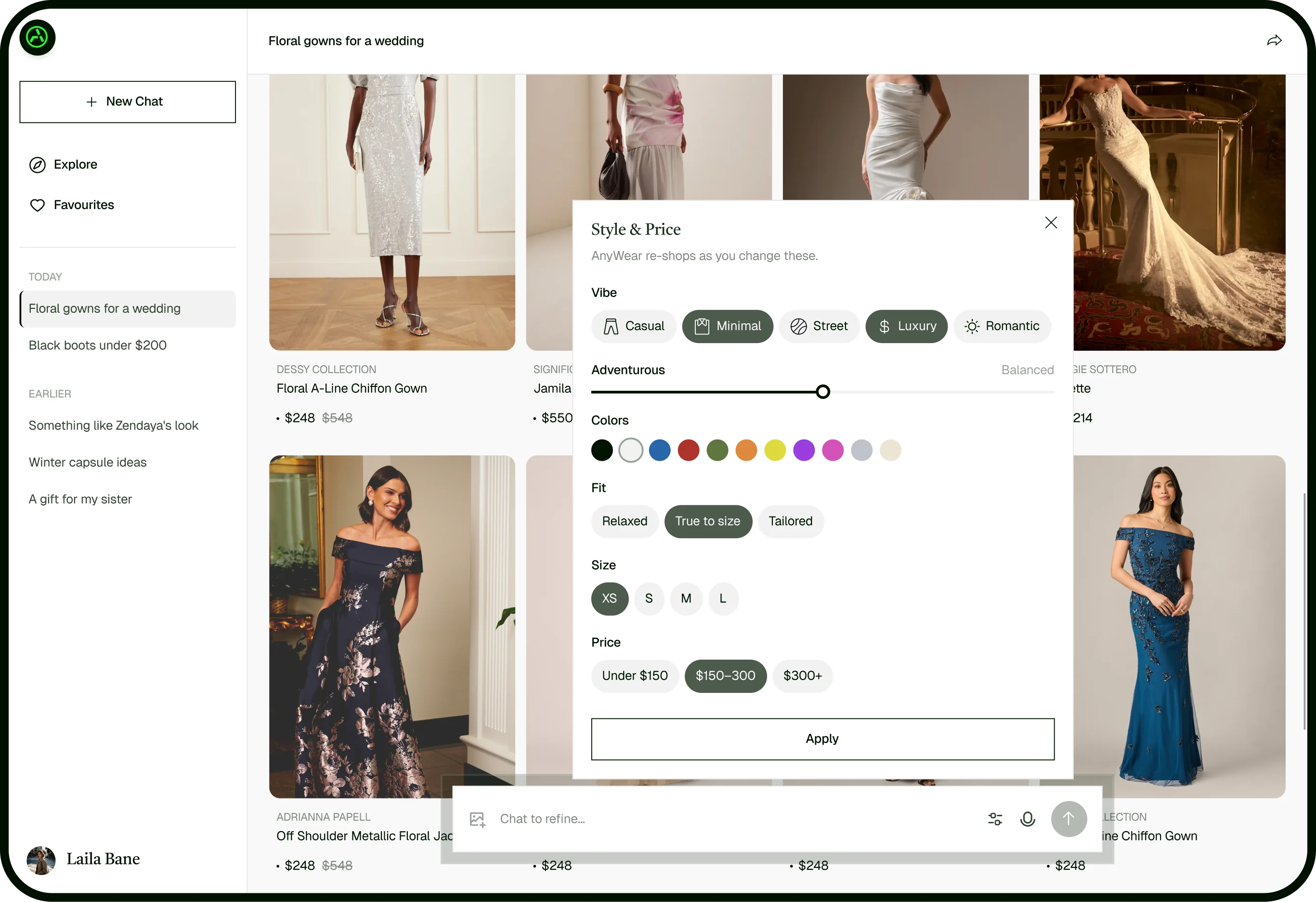 AnyWear chat interface showing floral wedding gown recommendations with style and price filters