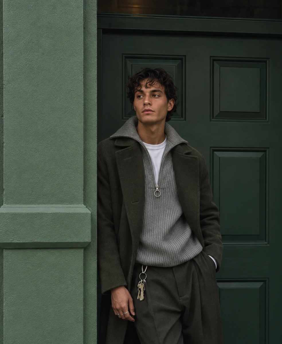 Man in a long dark coat over a grey zip knit standing in front of a green door