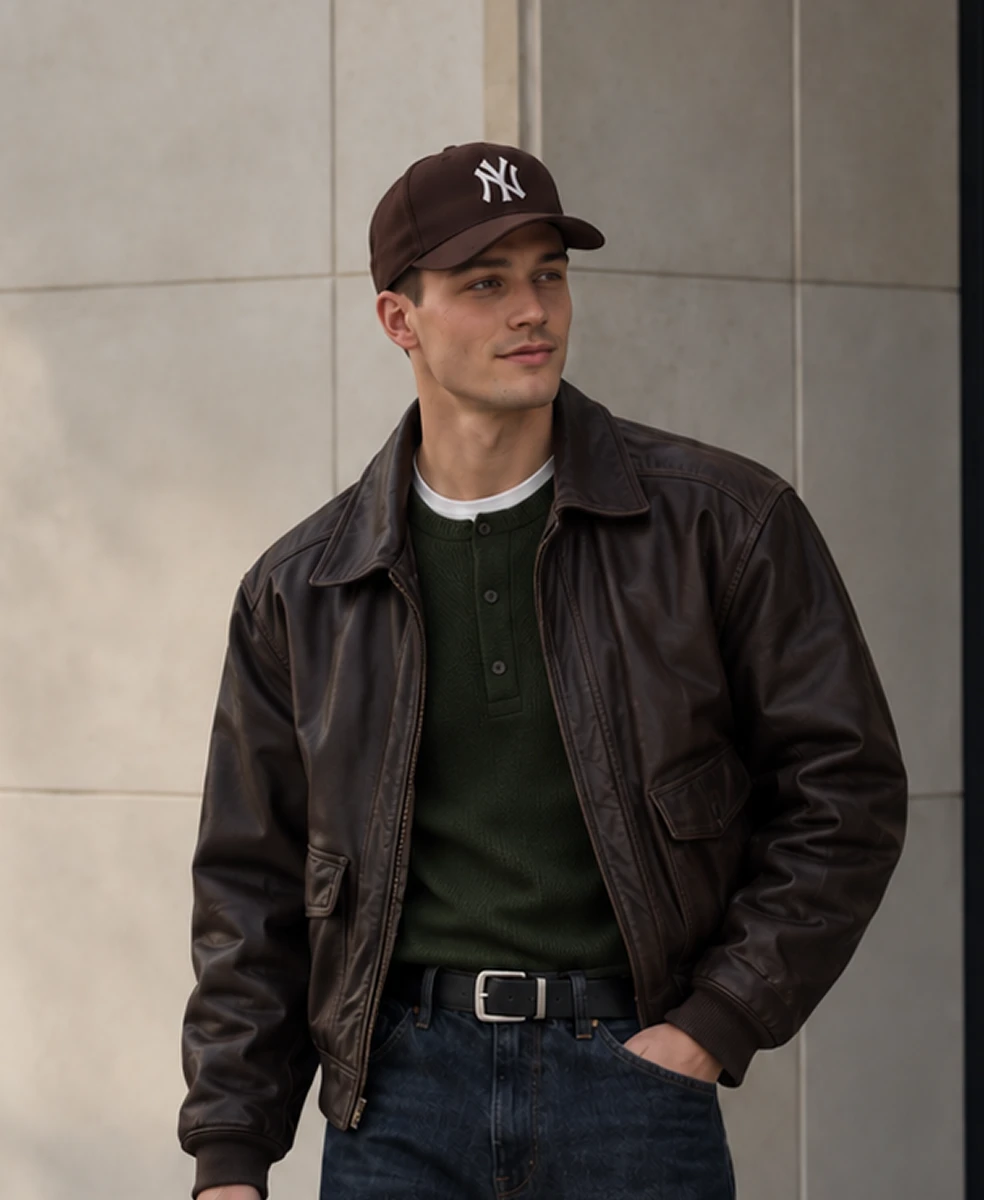 Man in a brown cap and dark leather bomber jacket over a green henley with jeans